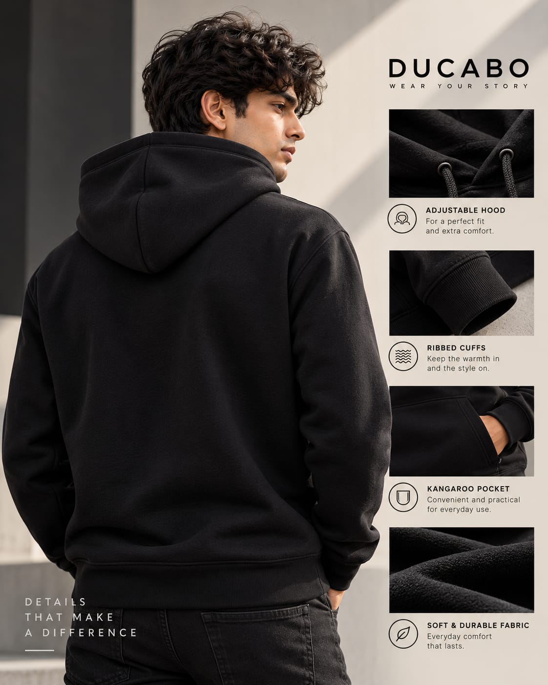DUCABO Men's Classic Pullover Hoodie – Black